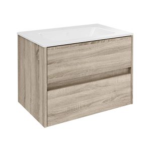 FACKELMANN COMPACT LINE Waschbecken mit Unterschrank 71 cm breit, Braun, Waschbecken Keramik Weiß, 2 Schubladen