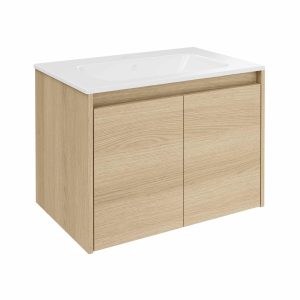 FACKELMANN COMPACT LINE Waschbecken mit Unterschrank 71 cm breit, Braun hell, Waschbecken Keramik Weiß, 2 Türen