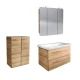 FACKELMANN MILANO Badmöbel Set 4-teilig 88 cm breit, Braun hell, Waschbecken Keramik Weiß + LED Spiegelschrank + Doppel Midischrank
