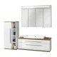 FACKELMANN STANFORD Badmöbel Set 4-teilig 110 cm breit, Weiß/Braun hell, Waschbecken Keramik Weiß + LED Spiegelschrank + Midischrank